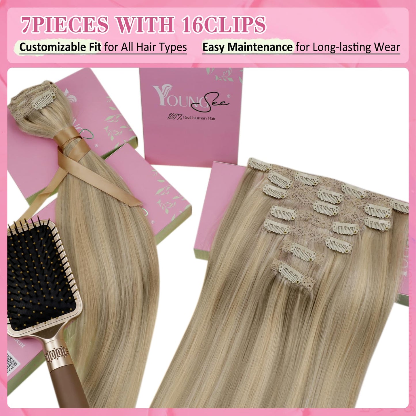 YoungSee Clip in Hair Extensions Human Hair Highlight Lace Clip in Extensions Real Human Hair Dark Ash Blonde Highlights Golden