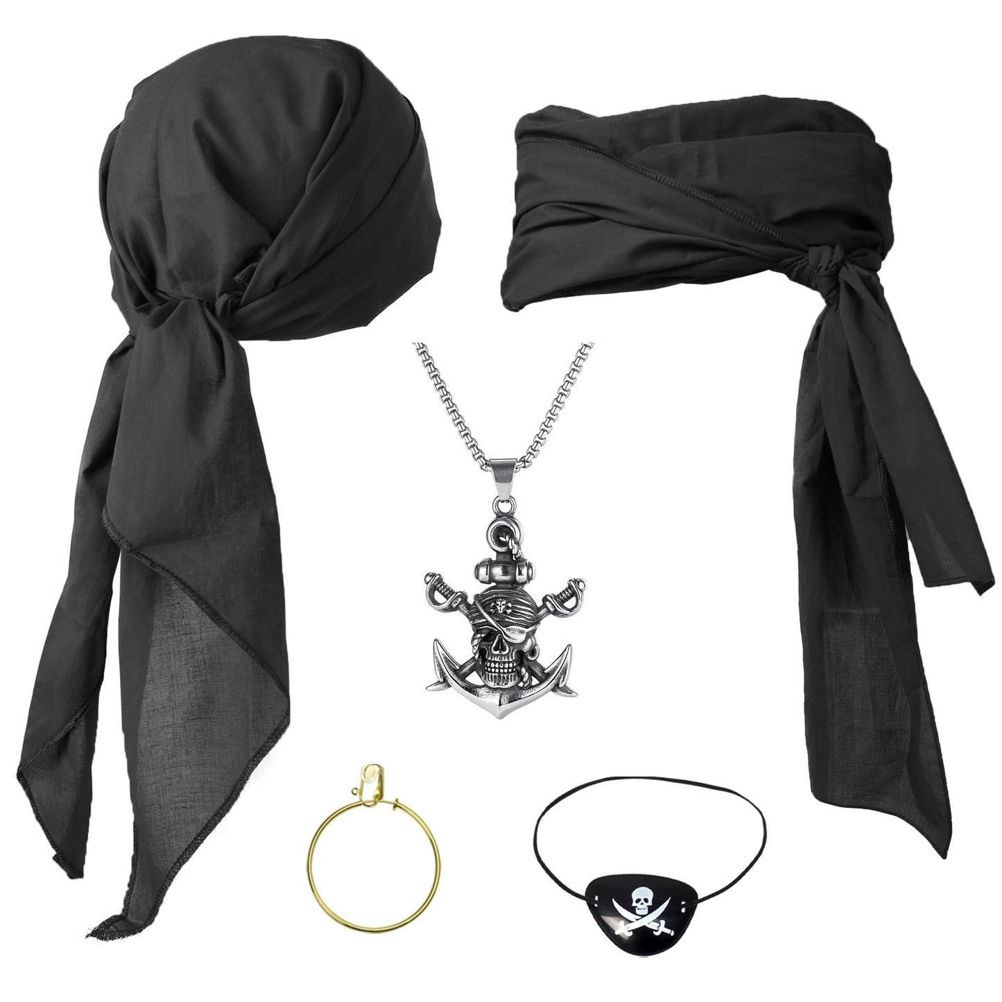 Cotton Pirate Costume Accessories Set for Men And Women Head Scarf Sash Belt Dress With Earring And Necklace (Black)