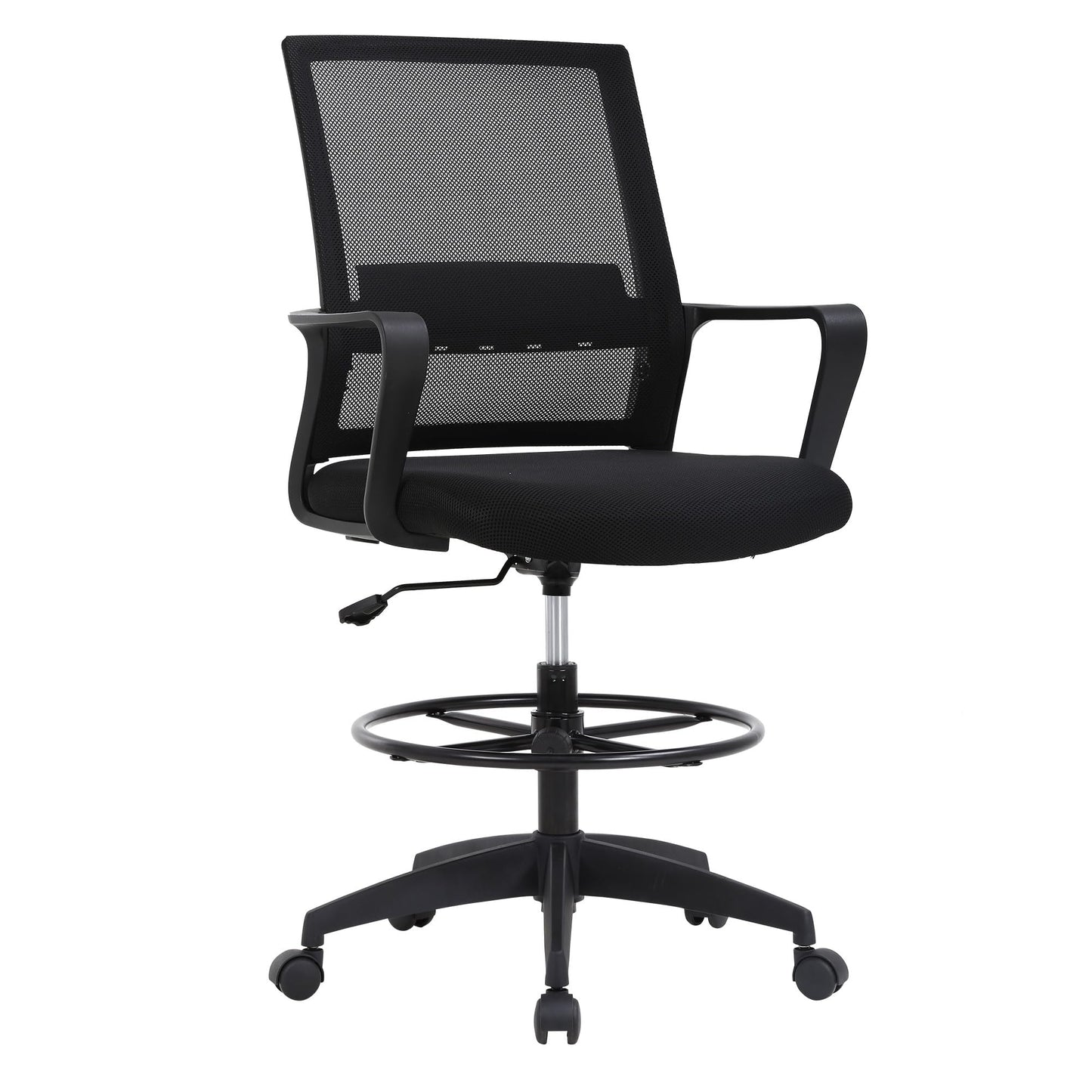 Drafting Chair Tall Office Chair Adjustable Swivel Rolling Mesh Height with Lumbar Support Arms Footrest Mid Back for Adults Standing Desk Drafting Stool (Black)