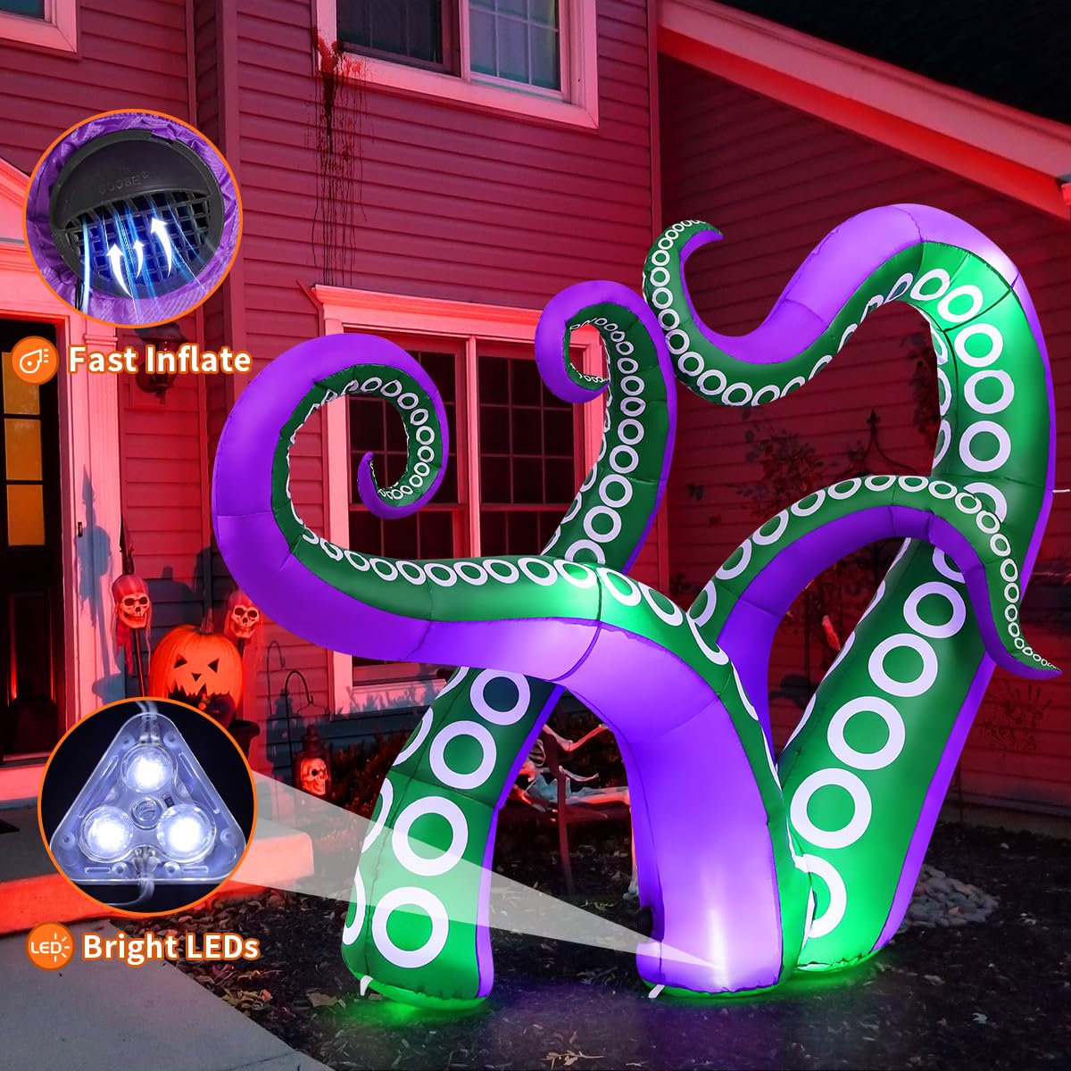 GOOSH 7.2 FT Halloween Inflatables Octopus Outdoor Decorations Blow Up Yard with Built-in LEDs for Window Garden Lawn Indoor Party Decor