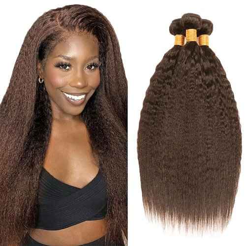 Condescension Bundles Human Hair 20 22 24" Inch Chocolate Brown Yaki Wave Human Hair Bundles Brazilian Virgin Remy Medium Brown Soft and Silky Hair Extensions