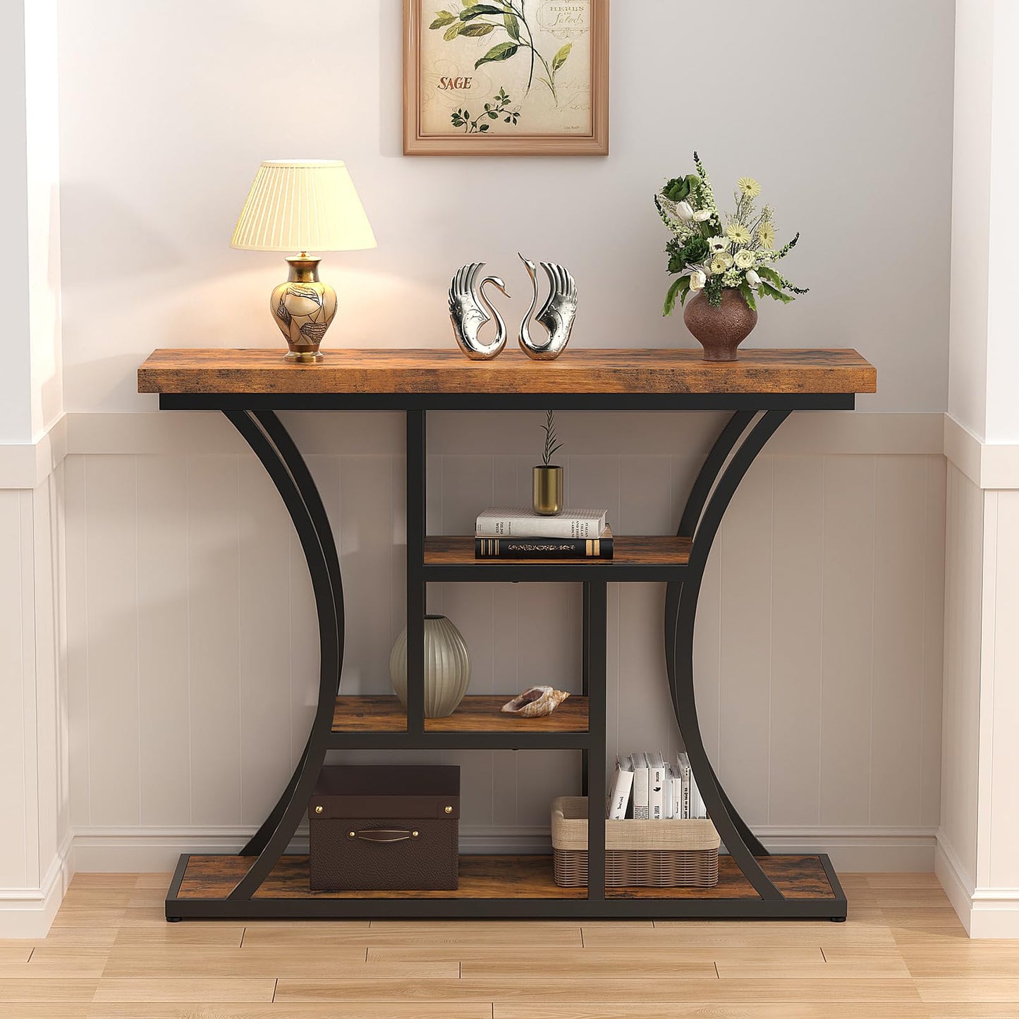 Loftiage 41.3" Industrial 4 - Tier Console Table with Curved Metal Frame, Narrow Long Entryway & Sofa Table with Storage Shelves for Living Room, Accent Hallway Furniture