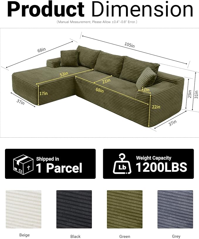 108" Cloud Sectional Couch,Modern Modular Sectional Sofa with Deep Seat,Corduroy Boneless Couches with L-Shape Chaise for Living Room,No Assembly Required (Green, Left Facing Chaise)