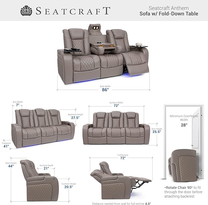 Seatcraft Anthem Italian Leather Sofa w/Fold-Down Table, Living Room, Power Headrest, Power Recline, Gray