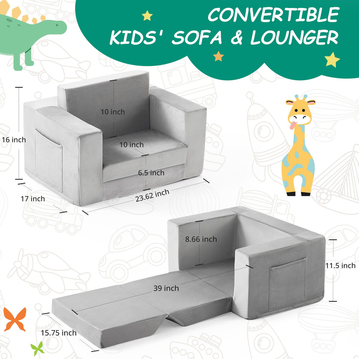 Kids Couch, 2-in-1 Toddler Chair Comfy 1-3 Years, Convertible Kids Chair, Toddler Couch That Fold Out, Kid Lounge Chairs for Boys and Girls, Soft Coral Fleece, Grey
