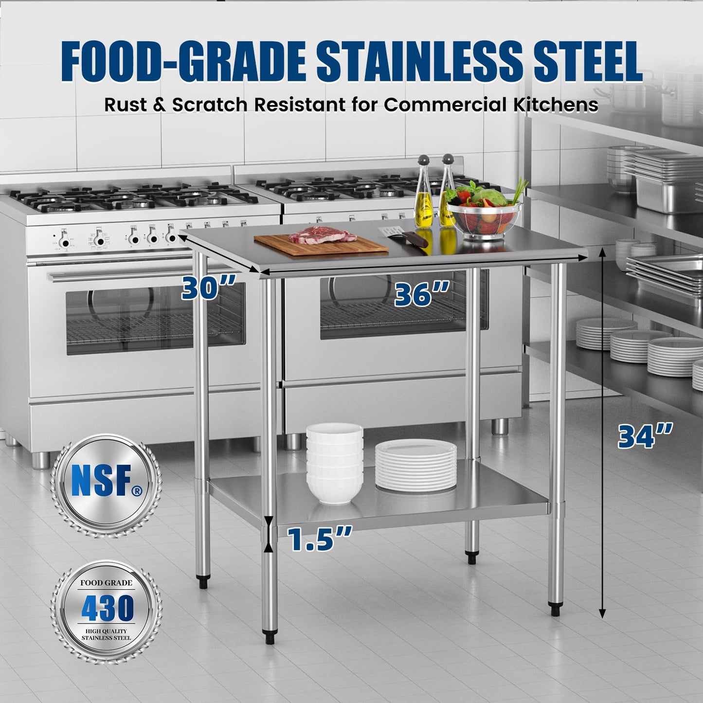 Stainless Steel Work Table 30 x 36 Inch with Adjustable Undershelf, Heavy-Duty Metal Prep Table for Commercial Kitchen & Restaurant, Garage, Outdoor