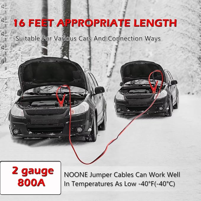 NOONE Jumper Cables for Car Battery - 2 Gauge 16 FT Heavy Duty Automotive Booster Jumper Cables for Jump Starting Dead or Weak Batteries (2AWG x 16Ft)