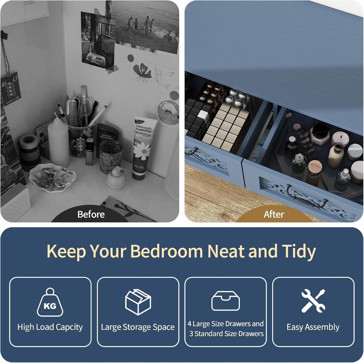 YHFEXYT 47” Wide Dresser for Bedroom with 7 Drawers,American Chest of Drawers with Bar Metal Handle,Wood Drawer Organizer,TV Stand with Large Drawers Muted Blue