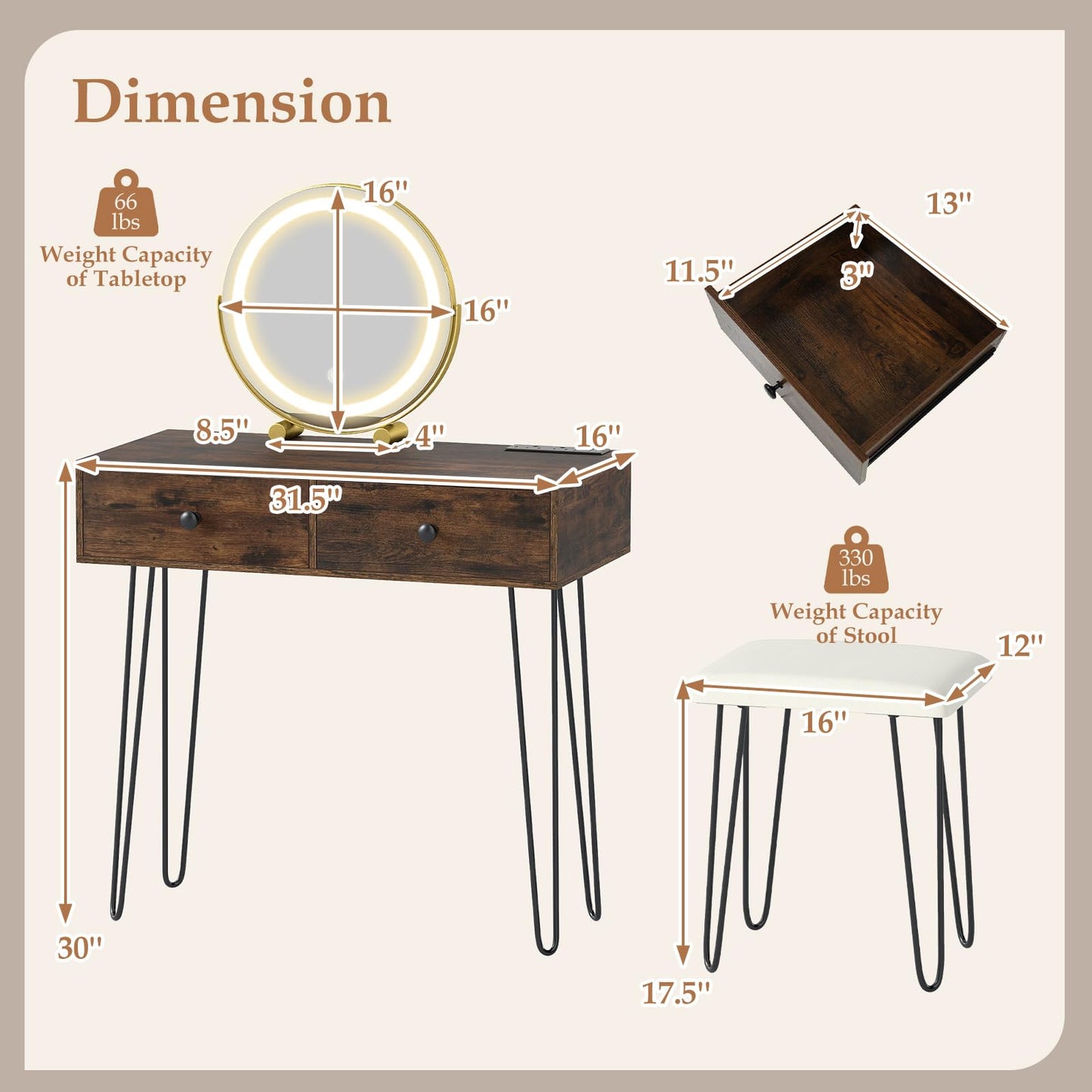CHARMAID Vanity Desk with LED Lighted Mirror & Charging Station, 2 Drawers, 3 Color Lighting, Metal Legs, Makeup Vanity Table with Stool for Bedroom, Rustic Brown & Black