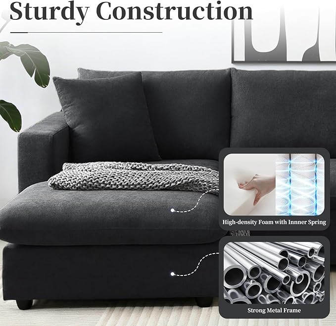 KIVENJAJA Black Cloud Couch for Living Room Apartment Small Spaces, Linen L Shaped Modular Sectional Sofa with Convertible Ottoman Chaise, Modern Minimalist, Metal Frame, 100.4" W 3 Seater