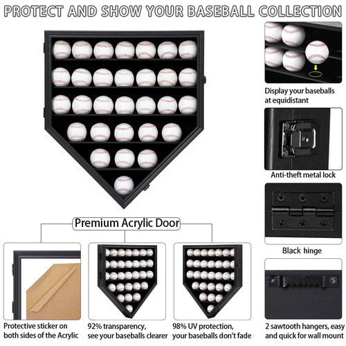 Grintus 30 Baseball Display Case Wooden Baseball Holders for Balls Display Wall Mount Baseball Shadow Box with Lockable Anti Fade UV Protection Acrylic Door for Autograph Balls Collection Storage