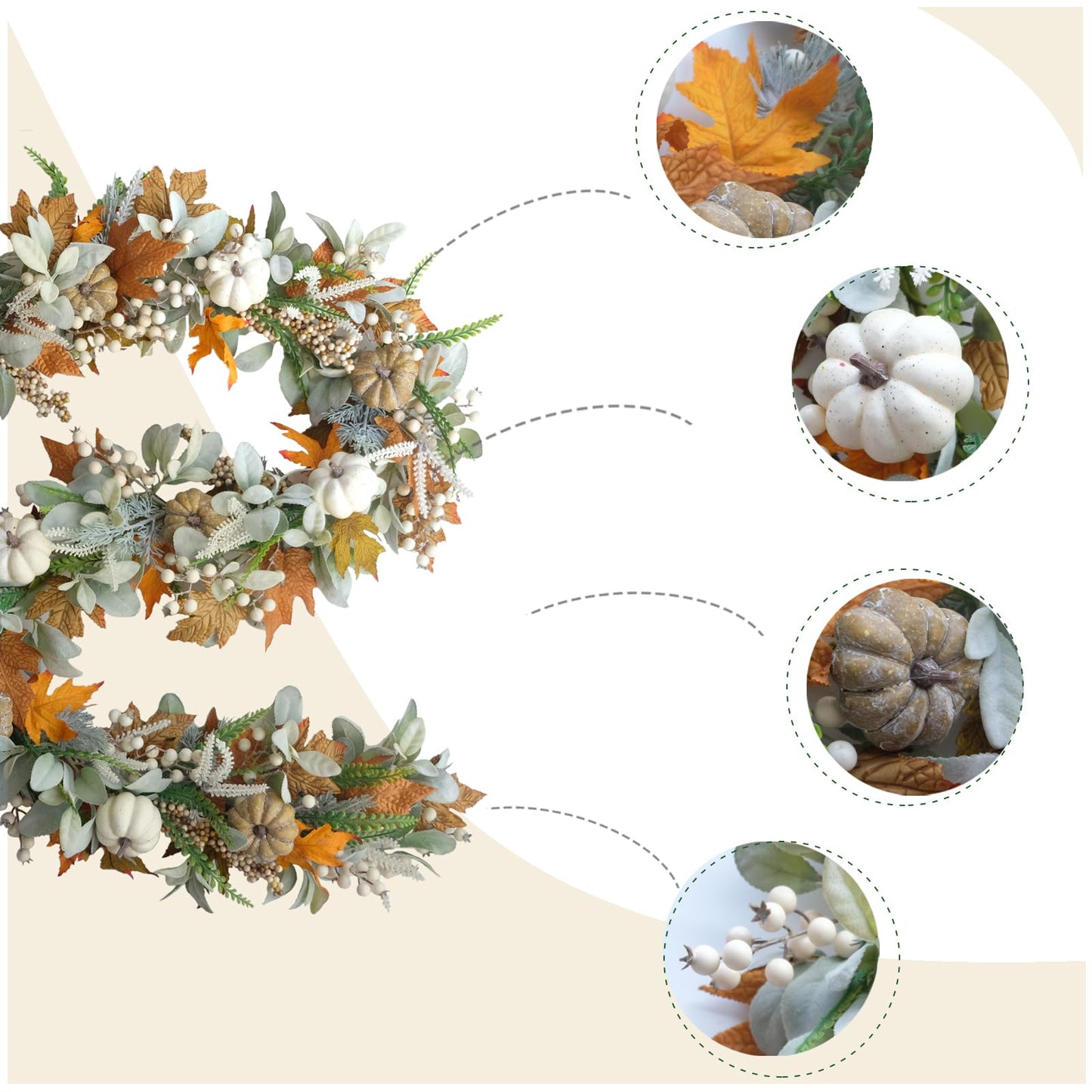 CIR OASES Thanksgiving Fall Wreath, Eucalyptus Berries Pumpkins Lamb Ears Leaves Autumn Wreaths for Front Door, Fall Decor, Porch Wall, Home Outdoor Holiday Decorations (Pumpkin Garland)