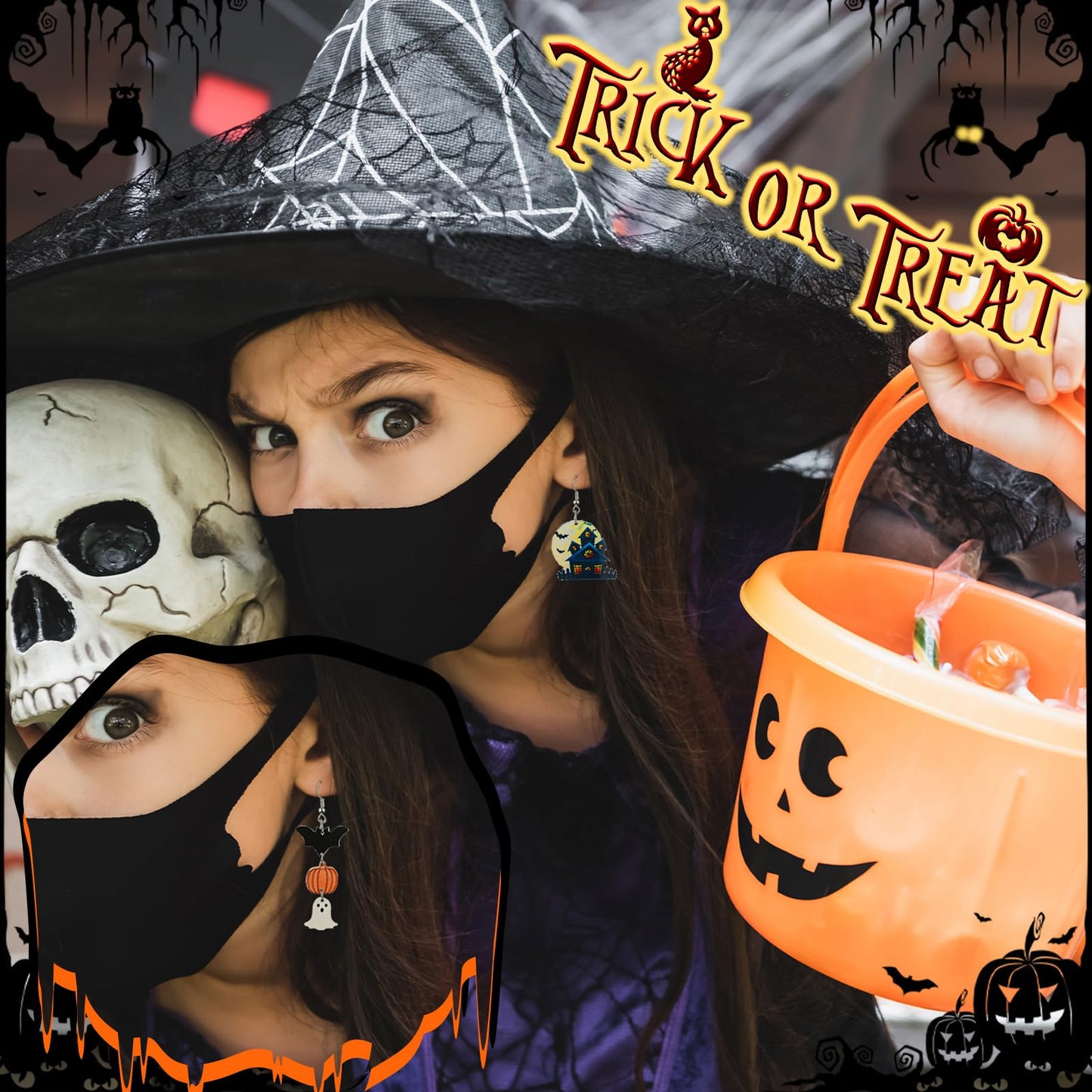 Nosiny 36 Pairs Halloween Earrings Lightweight Dangle Acrylic Earring Skeleton Ghost Pumpkin Boot Hat Earrings for Halloween Party Jewelry Gifts(Classic)