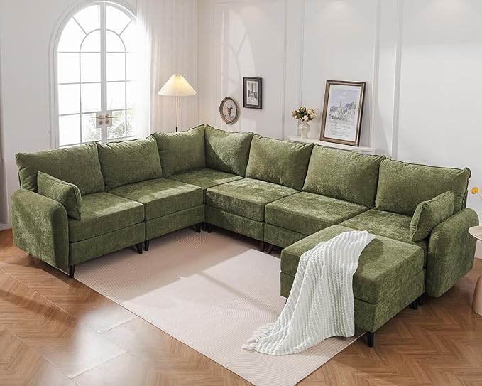 Rexulqo 135'' Modular Sectional Sofa with Storage Seat,Oversized U Shaped Couch with Ottoman,7 Seater Couches for Living Room,Bedroom,Velet,Green