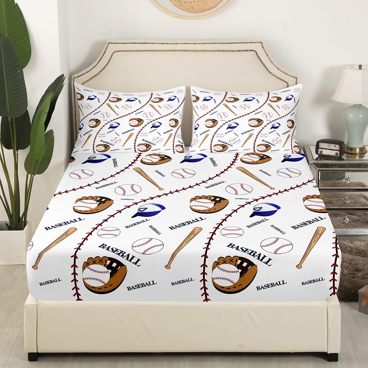 Sports Baseball Bed Sheet Set Baseball Bat and Gloves Hat Decor Bedding Sheets for Kids Boys Fun Sports Bedding Fitted Sheet Ball Competition Games Bed Cover Room 4Pcs Full Size