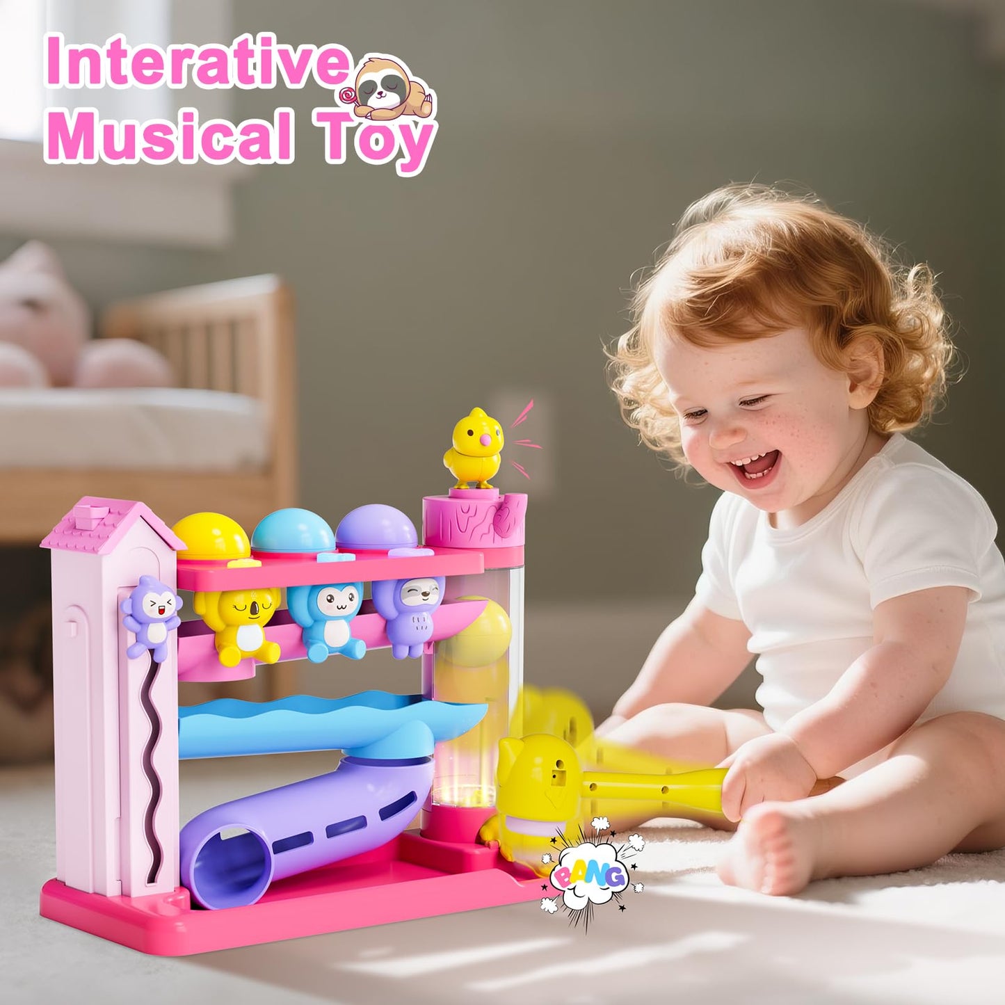 VOILBTOY Musical Toy for 1-2 Year Old Girls,Educational Baby Toys 12-18 Months,Ball Drop Toy with English & Spanish,Fine Motor Toys for Toddlers 1-3,Birthday Gift for 1+ Year Old Girl (Pink)