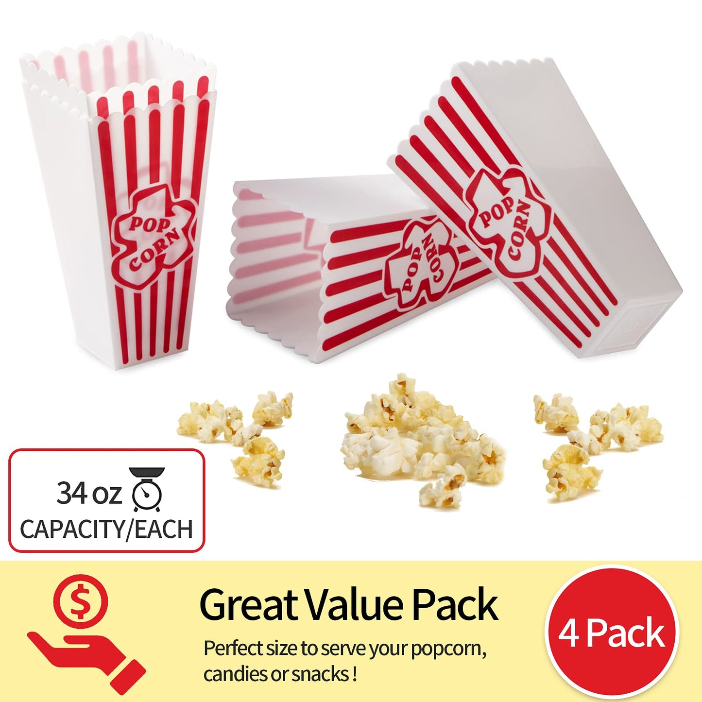 RAYMEA Plastic Popcorn Containers Red & White Striped Retro Style Reusable Popcorn Boxes for Movie Night 4”x8” (4 Pack)
