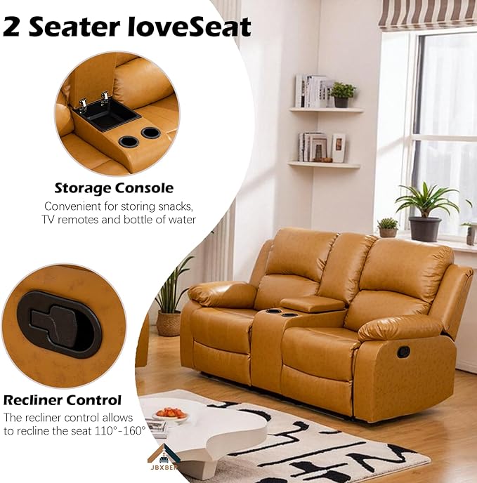 JBXBER Manual Recliner Sofa Set for Living Room, Leather Reclining Sofa Sets, Faux Leather Couch Set with Cup Holders, Drop-Down Table and Storage Console(3 Piece Set,Ginger)