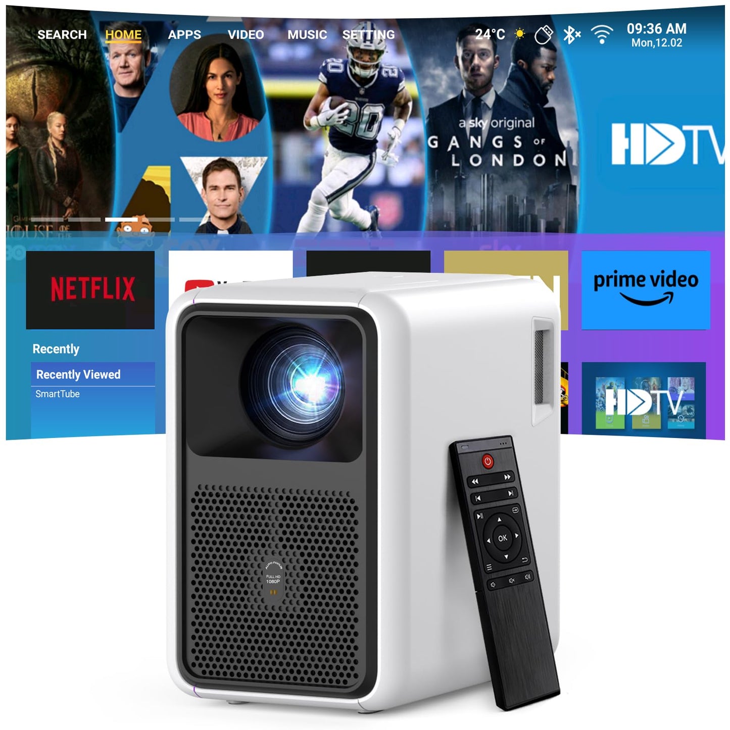 4K Support Projector Built-in Apps,3000 ANSI Lumens,Outdoor Cinema Projector with WiFi6 and Bluetooth,Auto Focus & 3D Keystone for Home Theater Bedroom Movie Night Gaming