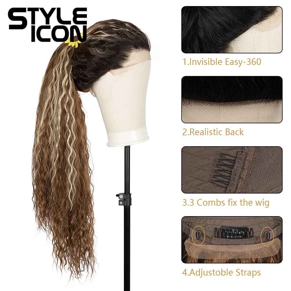 Style Icon 36 Easy-360 Lace Wigs 13x6 Free Part Lace Frontal Wigs Super Highlight Blonde Wig Long Curly Synthetic Wig (36 Inches