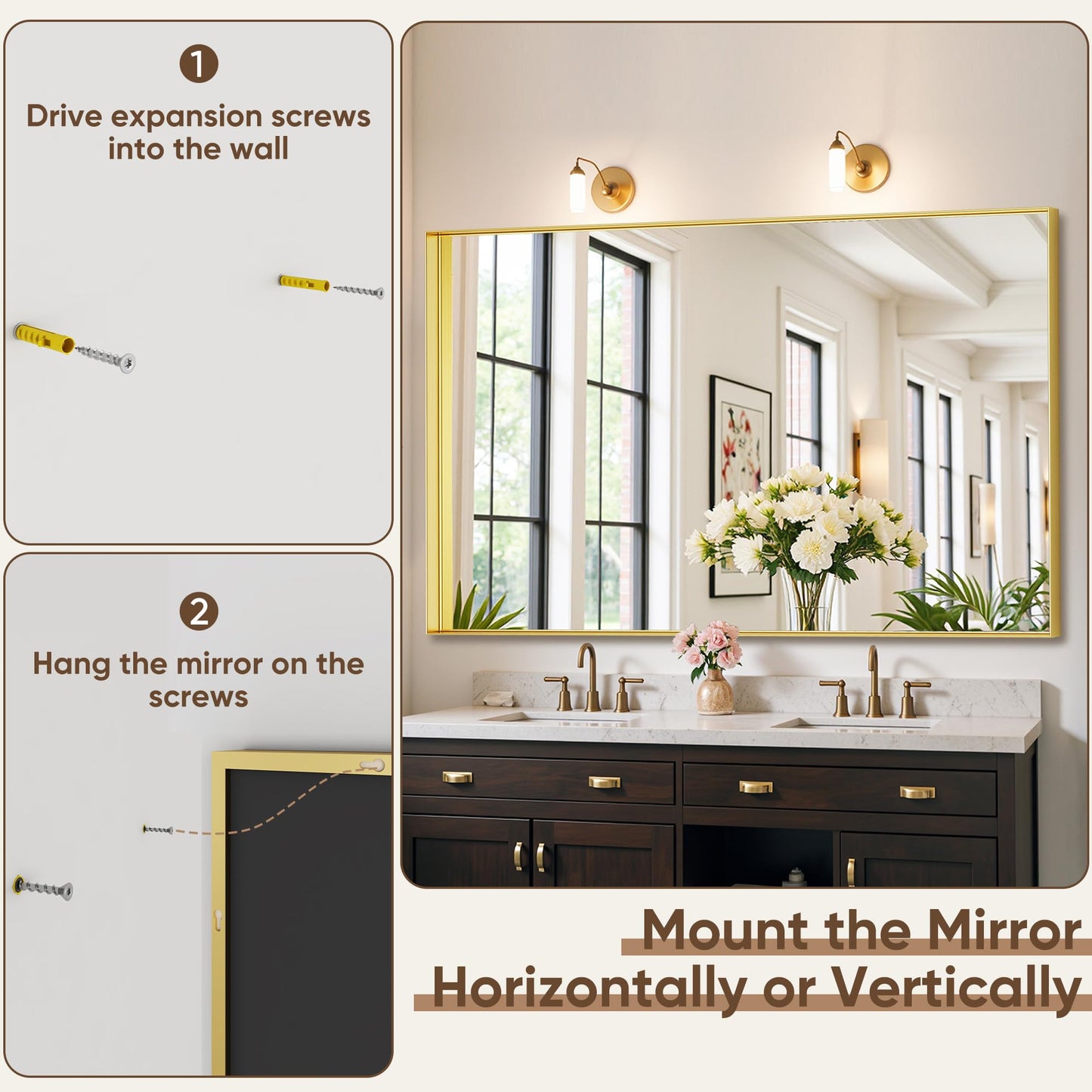 Furnbar Gold Bathroom Mirror 55x30 Inch, Rectangle Mirror with Metal Deep Frame, Wall Mirrors for Over Sink, Vanity, Bedroom, Bathroom, Hangs Horizontally or Vertically