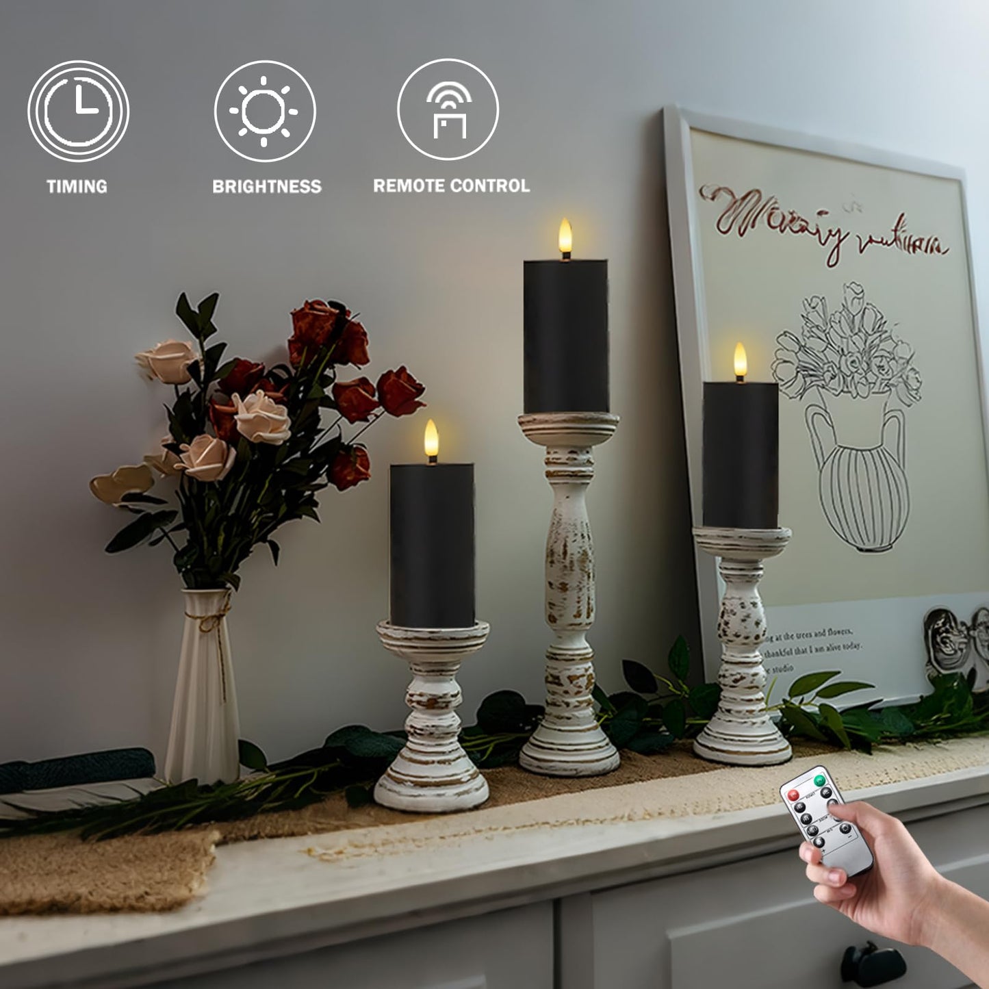 MUMCHASI 4 Packs Flameless Candles, Black Battery Operated Candles, Black Halloween LED Candles, Real Wax Flickering Candlelights with Remote for Home Fall Halloween Christmas Party Candelabra