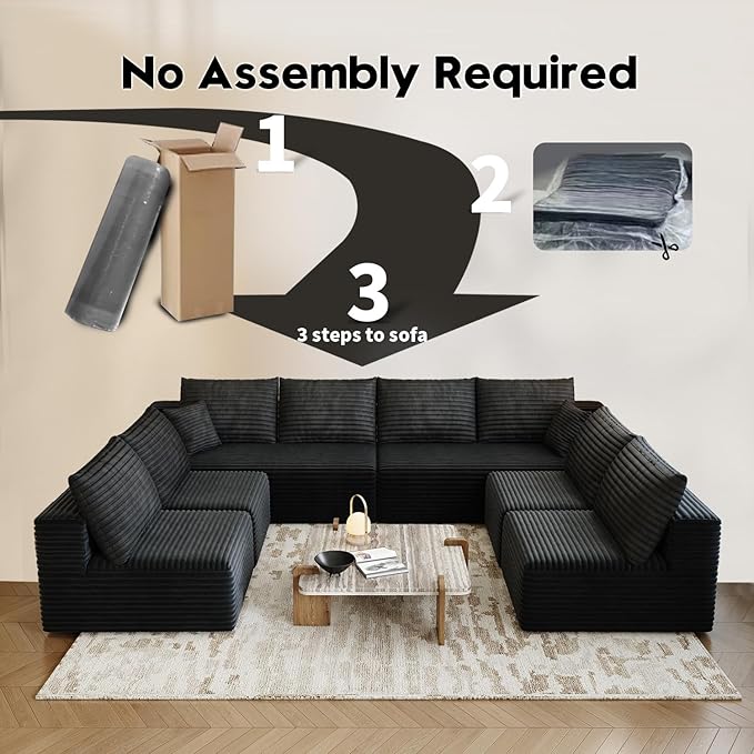 139.4" Modular Sectional Sofa Couch, Oversized U-Shaped Minimalist Couches with 4 Middle Seats Chaise, Modern Deep Seat Cloud Plush Corduroy Sofas Set for Living Room, 8 Seater, Black