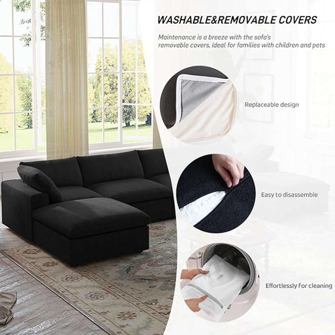 Cloud Couch Modular Sectional Sofa with Storage Ottoman,L Shaped Couch for Living Room,120.45inch Down Filled 4 Seater Black Convertible Sectional Sofas,Covers Washable&Replaceable