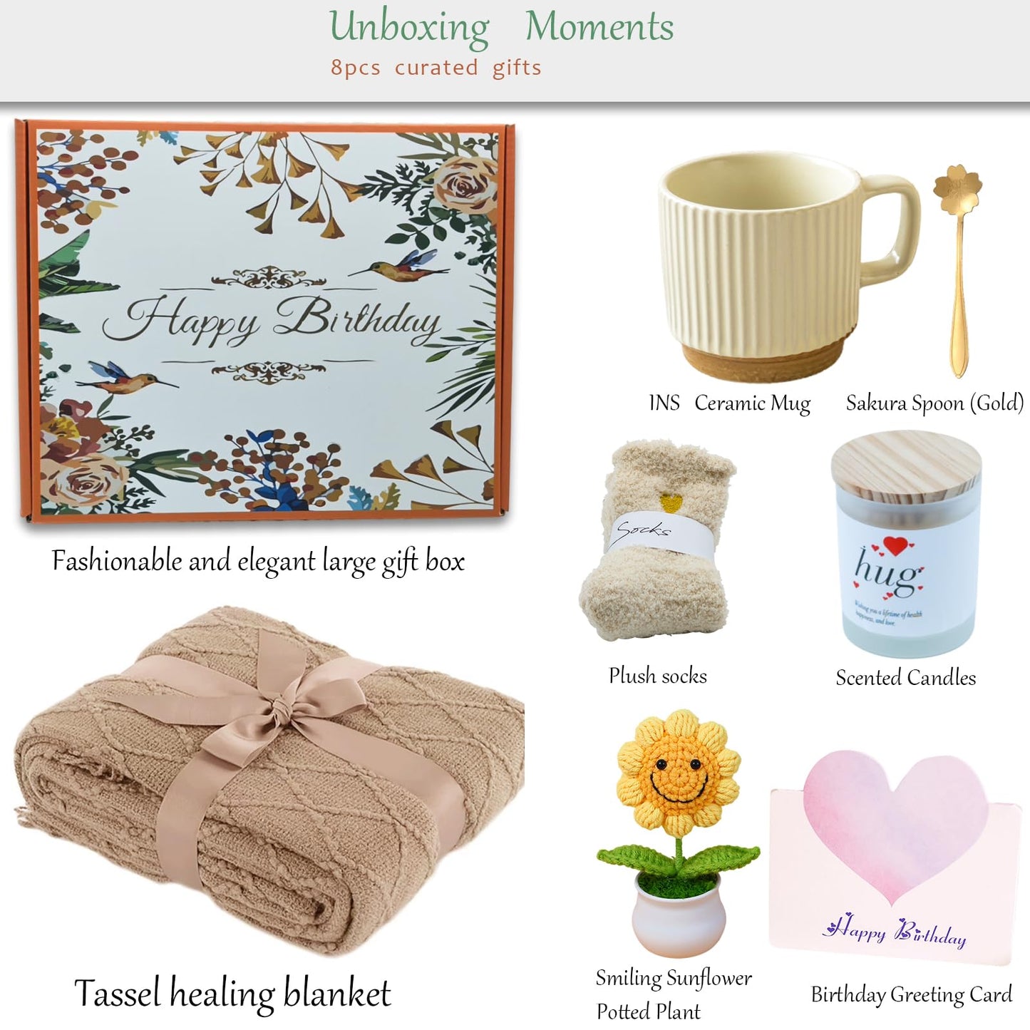 wangpengkai Birthday Gift Box for Women, 8 Pcs Get Well Soon Gifts Basket After Surgery, Sympathy Self Mother's Day Care Package, Cozy Off White Hug Blankets Gift for Sick Friends- Khaki