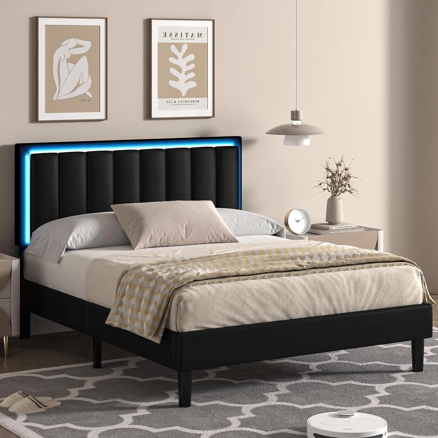 IMMERSTABLE Queen Bed Frames with LED Lights, Upholstered Bed Frame Queen, Queen Bed Frame with Headboard, No Box Spring Needed, Noise-Free, Easy Assembly, Black