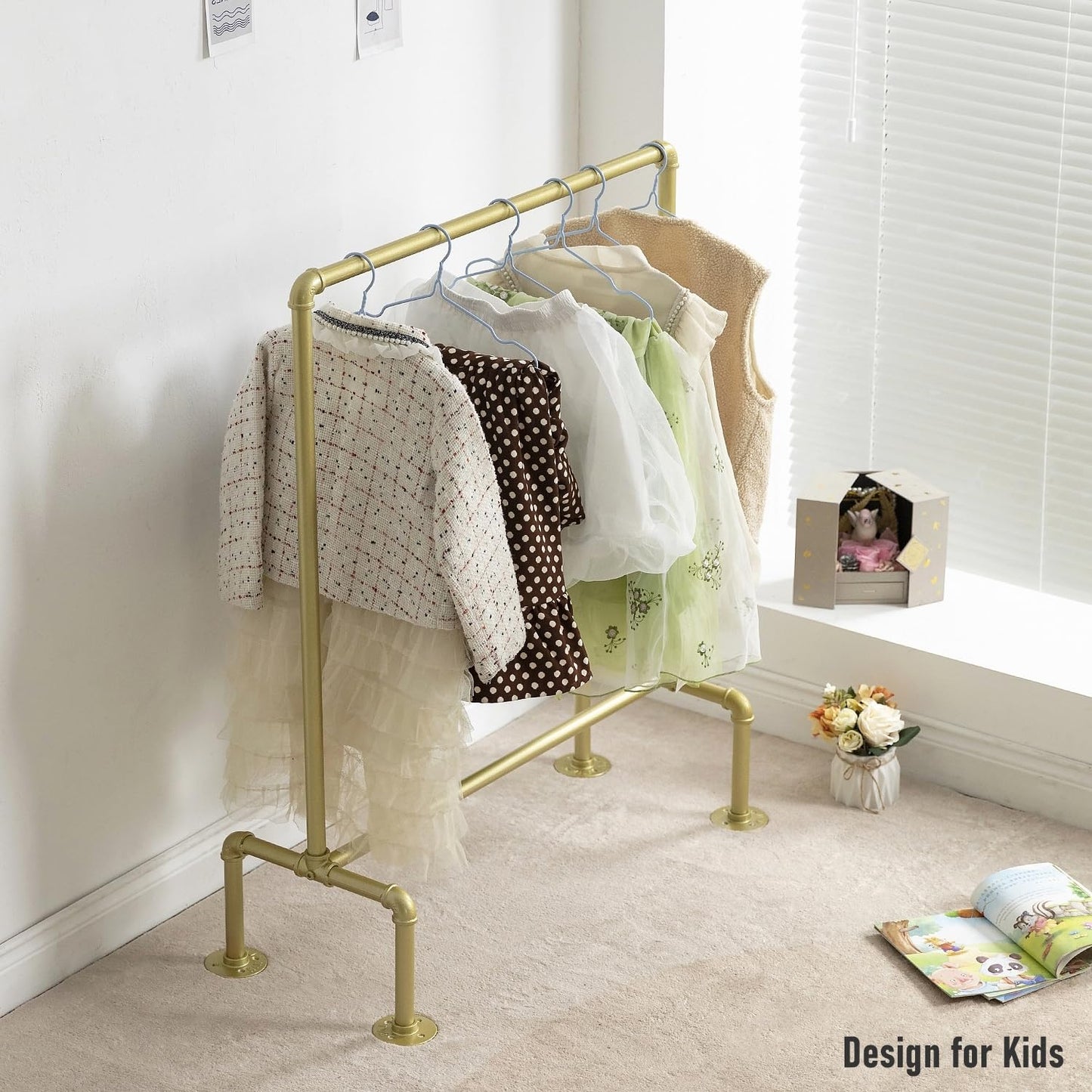 DOFURNILIM Kids Pipes Dress up Racks, Kids Clothing Racks, Child Garment Racks, Hanging Clothes Rod Storage Shelf Organizers Shelves Shelving, Gold Metal