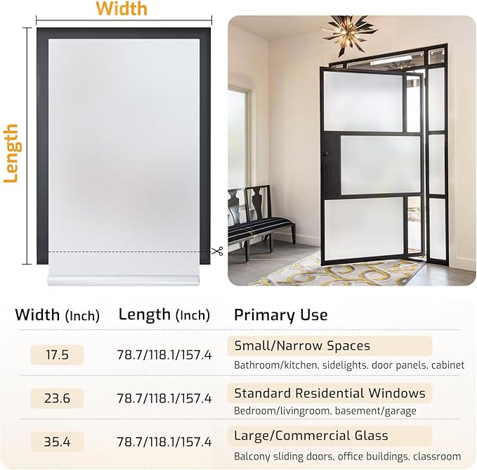 LUTE Window Privacy Film, Frosted Glass Window Film for Bathroom, Static Cling Removable Heat Control Glass Coverings, Non Adhesive Opaque Door Sticker for Home Office (Pure, 23.6" x 157.4")