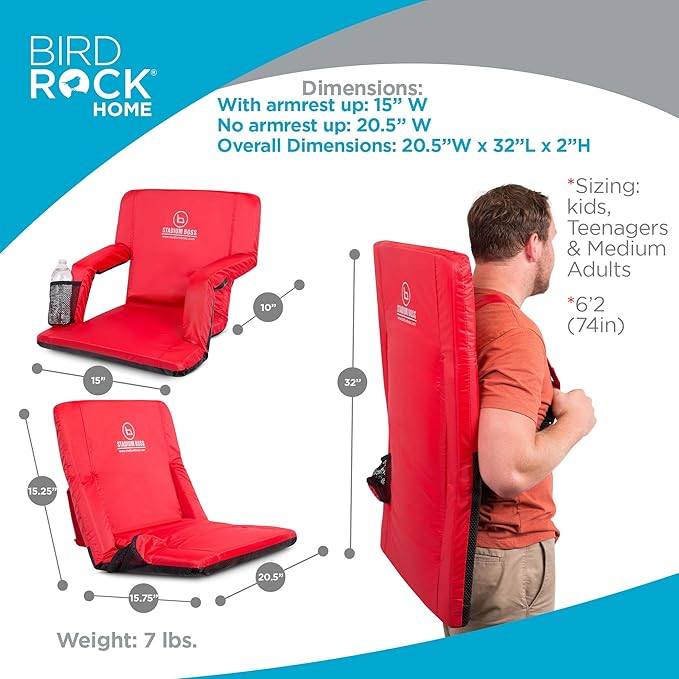 Stadium Boss Recliner Stadium Seat for Bleachers, Benches, Lawns, Backyard, Camping & Beach – Padded Sport Chair, Cushion Backs & Armrest – 6 Reclining Positions – Portable Carry Straps – Red
