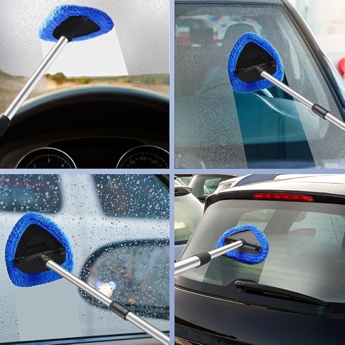 Car Windshield Cleaning Tool Set, Interior Exterior Auto Glass Cleaner Kit with Extendable Handle and 4 Reusable Microfiber Pads for Cars Trucks and Home (Blue)