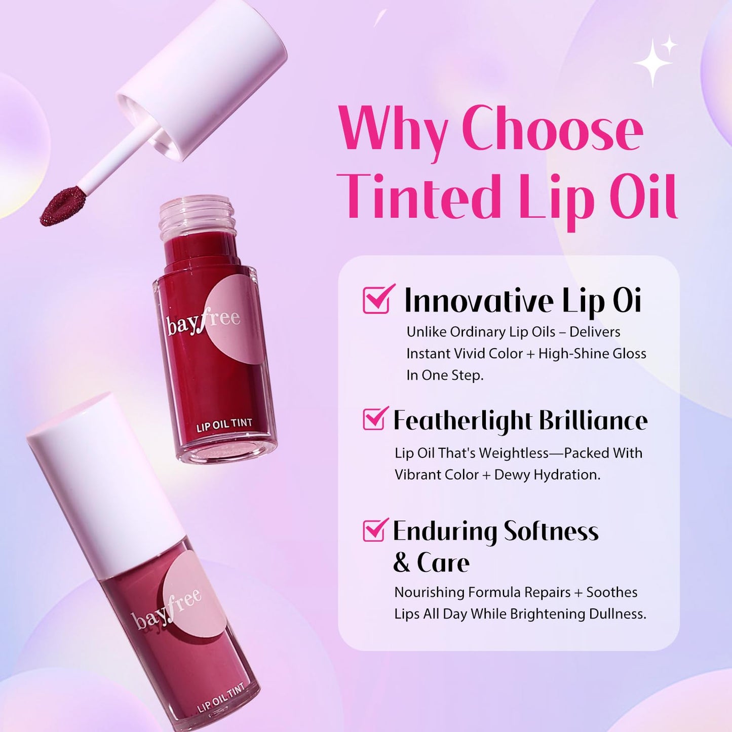 bayfree Tinted Lip Oil Stain Set, Hydrating High Shine Lip Gloss Set, Long-Lasting Bright Color Lipgloss for Dull Lips, Weightle
