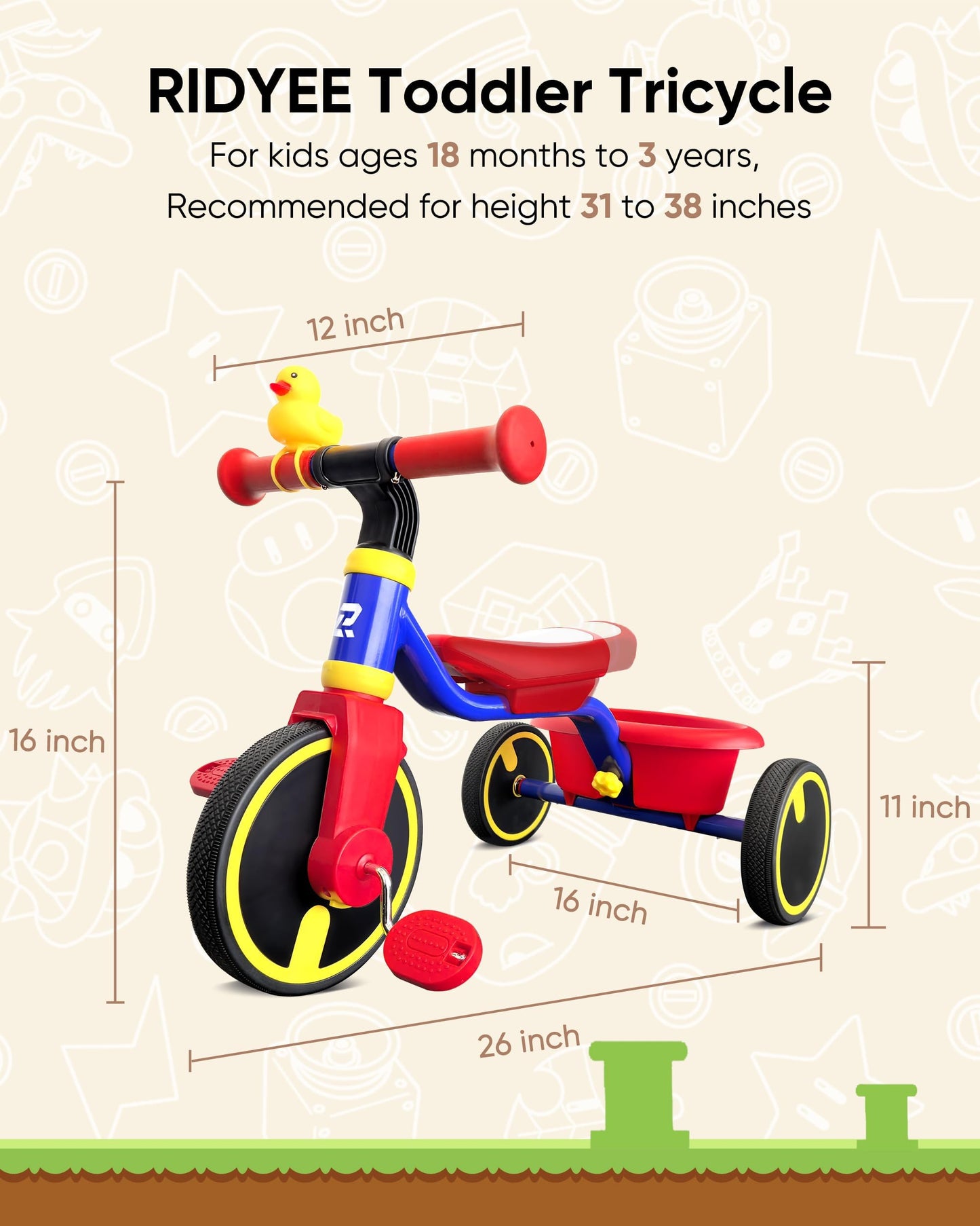 RIDYEE Tricycle for Toddlers 1.5-3 Years, Tricycles for 18 Mos to 3 Years with PU Tires, Stable Riding on Any Surface, Toddler Tricycle with Adjustable Seat, Non-Sharp Edge Design, Large Basket, Blue