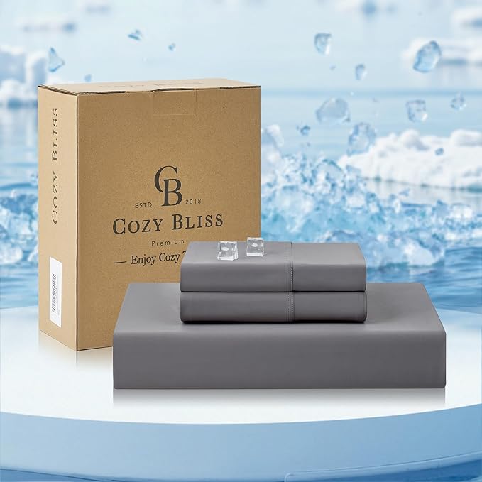 Cozy Bliss Premium Cooling Sheet Set Cali King Size, Q-Max>0.4, 3PCS No Flat Sheet with 2 Pillowcases, Breathable Fitted Sheet for Hot Sleepers & Night Sweats, Deep Pocket Up to 18 Inches, Dark Grey