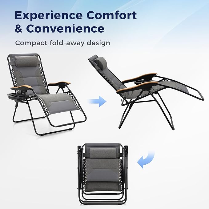MAISON ARTS Oversized XXL Zero Gravity Chair Set of 2, 30" Wide Seat Padded Foldable Recliner, Anti Gravity Outdoor Lawn Chair for Poolside/Backyard/Beach, Supports 400lbs, Light Grey