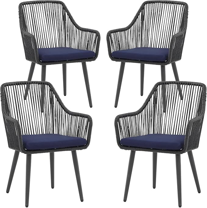 Patiorama Outdoor Dining Chairs, Patio Dining Chair Set of 4, All-Weather Woven Rope Rattan Chairs, Outdoor Dining Wicker Chair with Armrests for Indoor Balcony Pool Backyard(Blue)