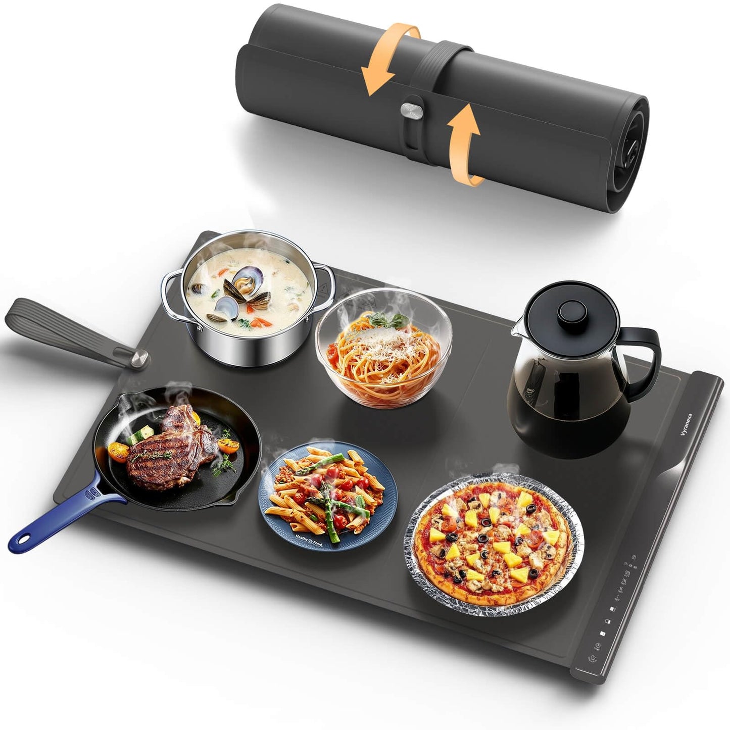 Food Warming Mat with Dual Heating Zones, 4 Temp Settings, Silicone Easy-Clean, Auto Shut-Off, Timer, Child Lock, Portable for Buffet, Party & Travel, 350W, 120V(AC), (Gray, Large)