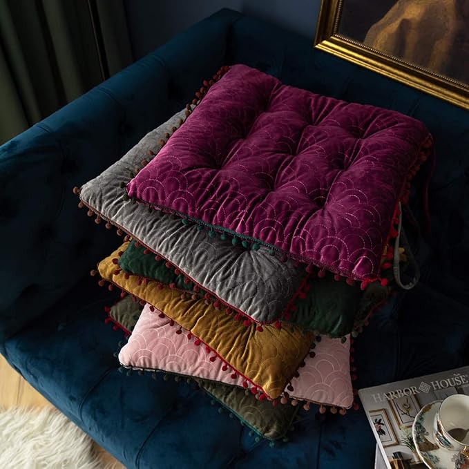 vctops Velvet Soft Square Chair Pad with Ties Cute Gradient Pom Pom Indoor Dining Chairs Cushion (Purple, 16" x 16")
