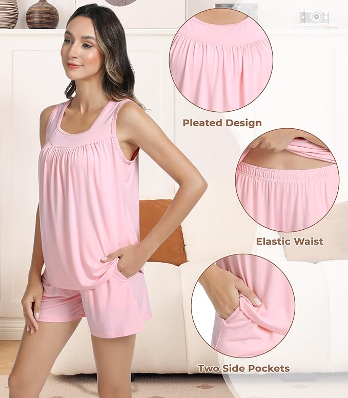 NACHILA Pajamas for Women-Viscose from Bamboo, Ribbed Racerback Tank Top Sexy Split Shorts Pajama Sets Cooling Sleep Cami Pjs