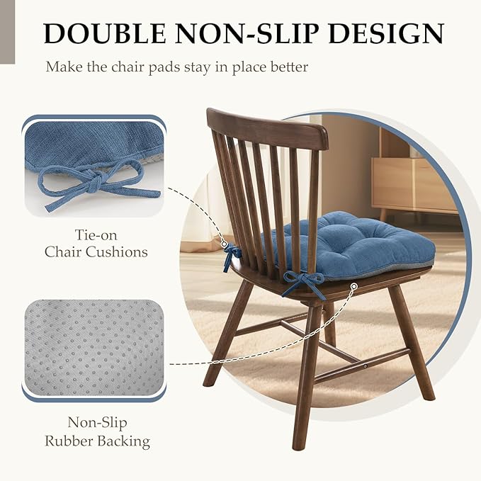 HARBOREST Chair Cushions for Dining Chairs Set of 6 - Chenille Tufted Kitchen Chair Cushions with Ties and Non-Slip Bottom, Foam Chair Pads for Dining Chairs, 17" x 17", Blue