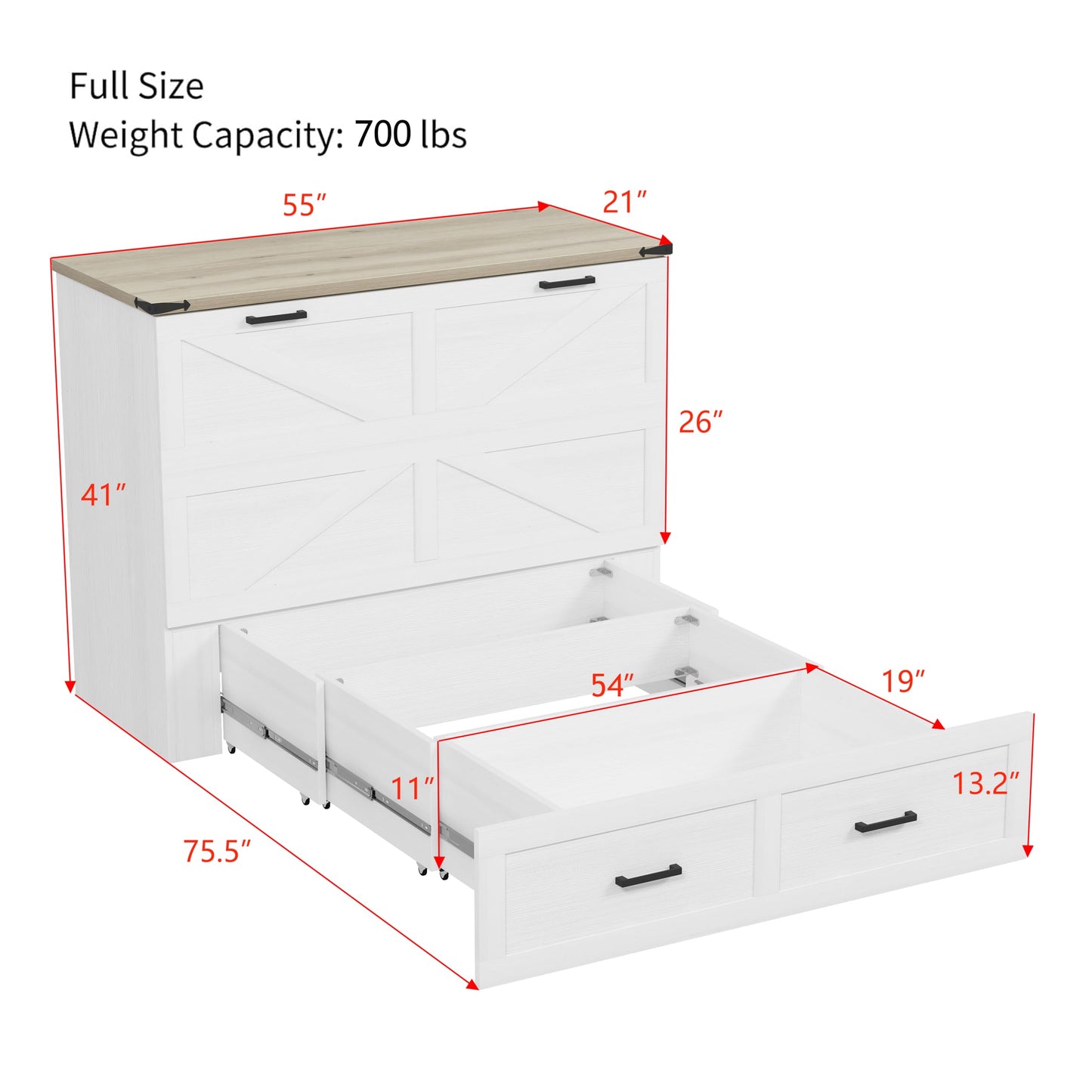 DNYN Farmhouse Murphy Cabinet Bed with Large Storage Drawer for Bedroom/Guest Room, Full-Size Foldable Wall Bed Frame with Charging Station, Space-Saving Design & No Box Spring Needed