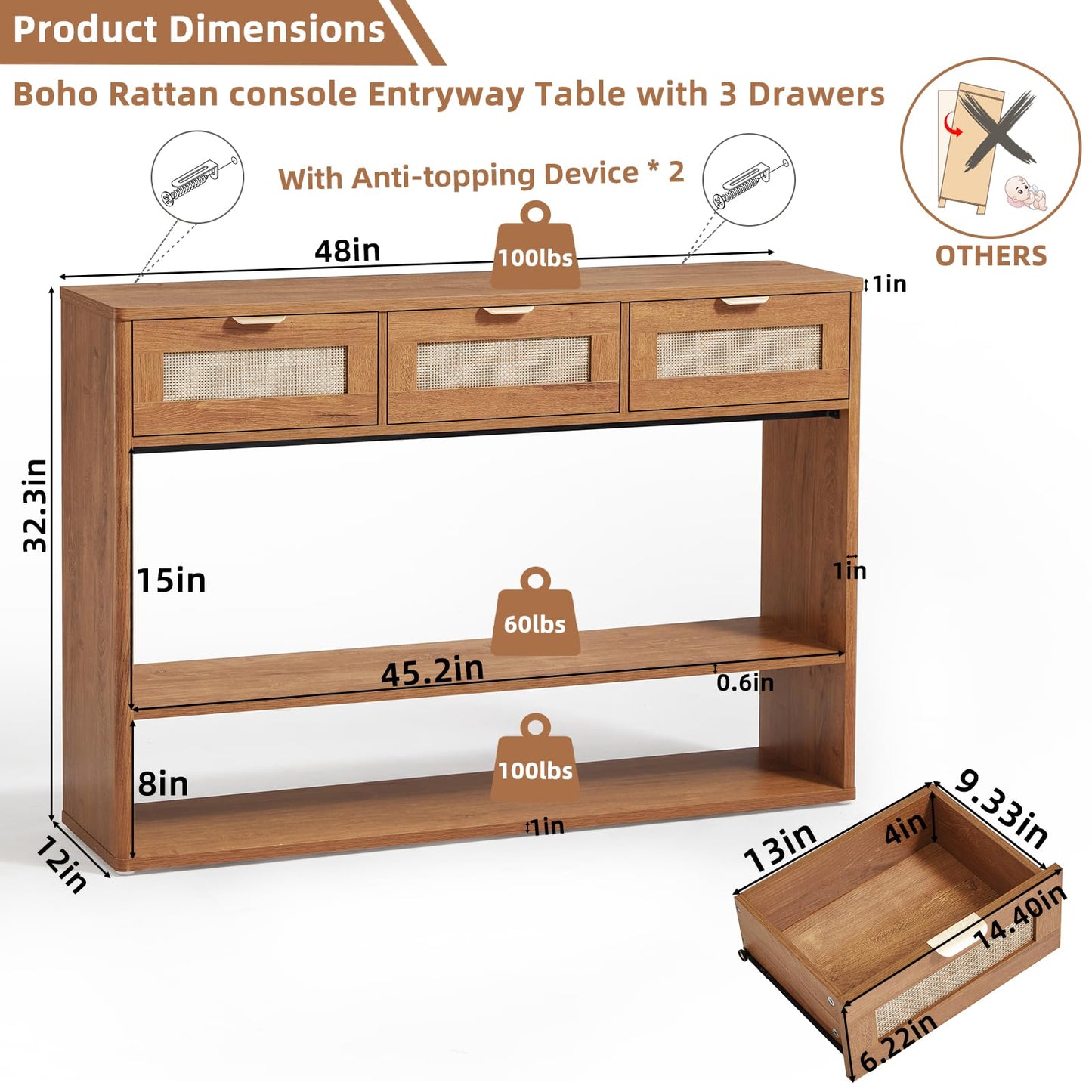 LEYAOYAO 48" Boho Rattan Console Table with 3 Drawers, 3 Tier Wooden Entryway Table with Open Storage Shelf, Narrow Long Behind Couch Sofa Tables for Living Room, Hallway, Entrance, Brown