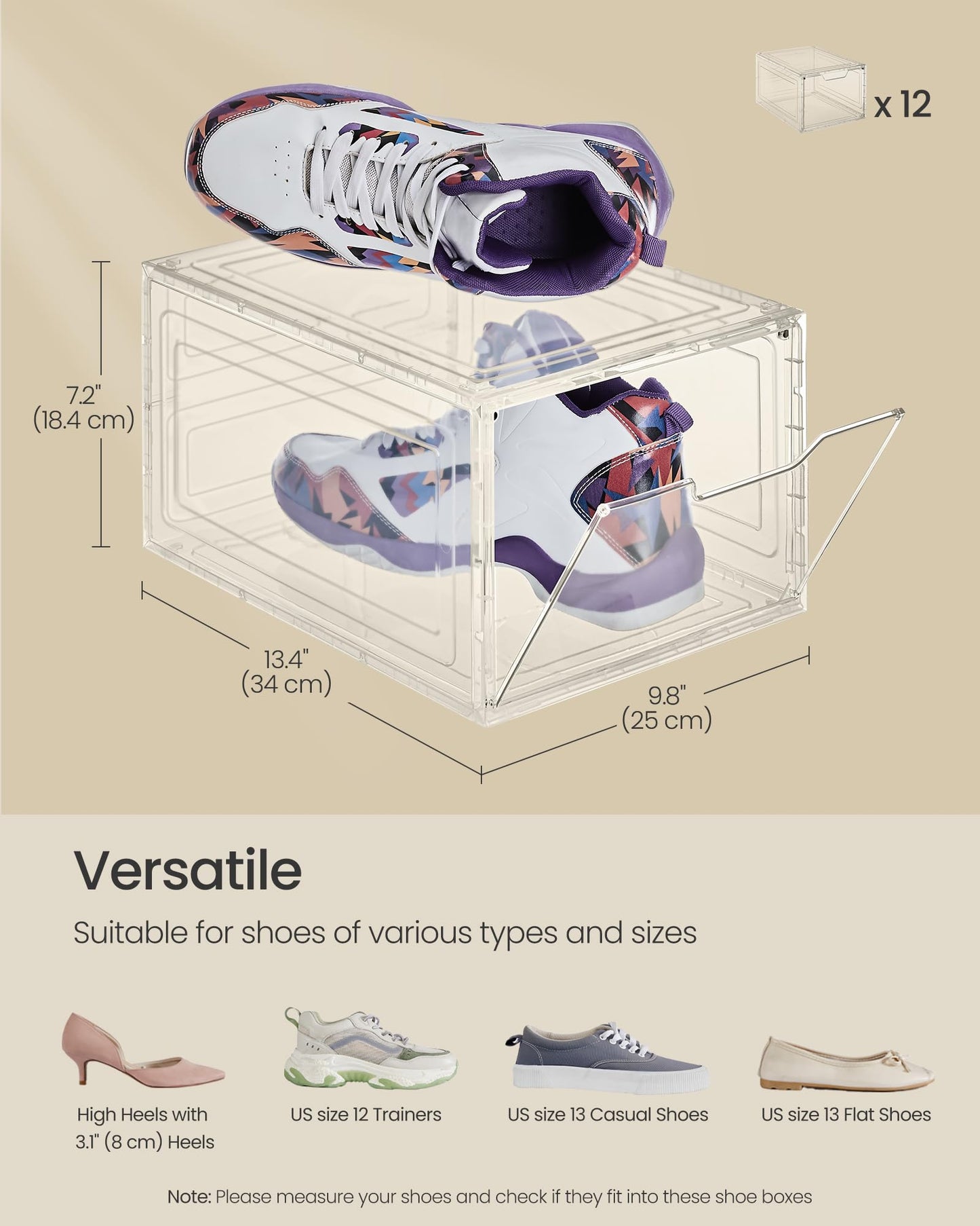 SONGMICS Shoe Boxes, Clear Shoe Organizers, Set of 12, Plastic Shoe Storage with Clear Door, Easy Assembly, up to US Size 13, Transparent White ULSP032W12