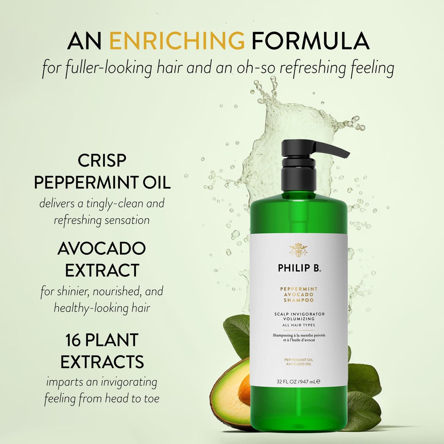 PHILIP B Peppermint Avocado Shampoo, 32 fl. oz. (947 ml) - Volumizing & Clarifying Shampoo for Dry to Oily Hair and Scalp, Non-S