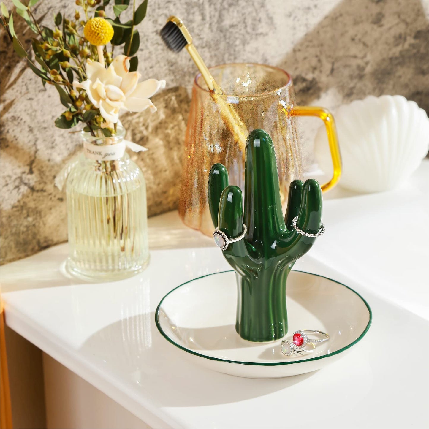 PUDDING CABIN Cactus Ring Holder Green Jewelry Dish for Rings Earrings Bracelets Necklace Organizer, Cactus Gift for Women Birth