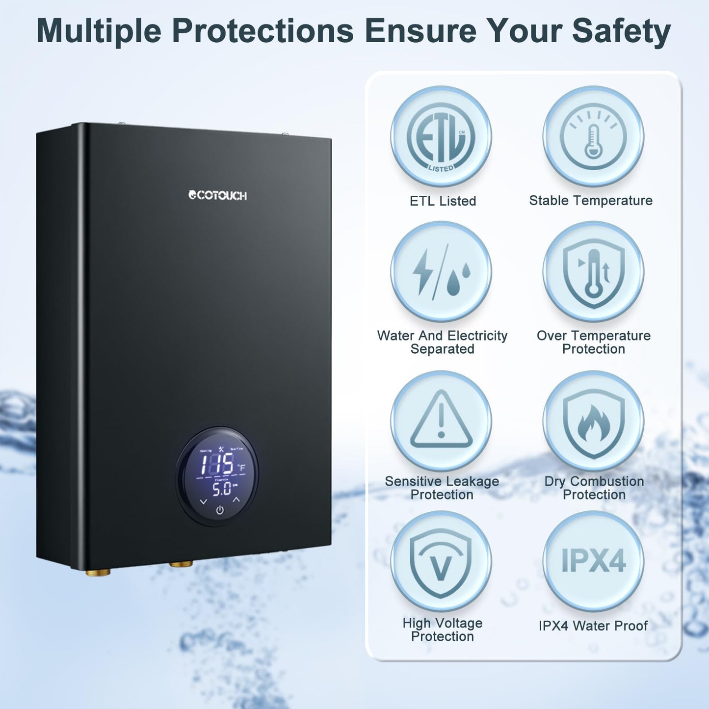 27kW Tankless Water Heater Electric, ECOTOUCH 240V On Demand Instant Hot Water Heater with Self-Modulating, Up to 6.5GPM for 2-3 Bathrooms, ETL Certified