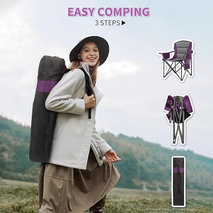 LANMOUNTAIN 2 Pack Padded Oversized Camping Chairs for Adults,Heavy Duty Support 400 Lbs,Folding Portable Lawn Chair w/Cup Holder,Cooler Bag,Side Pocket,Perfect for Outdoor Picnic,Hiking(Purple&Black)